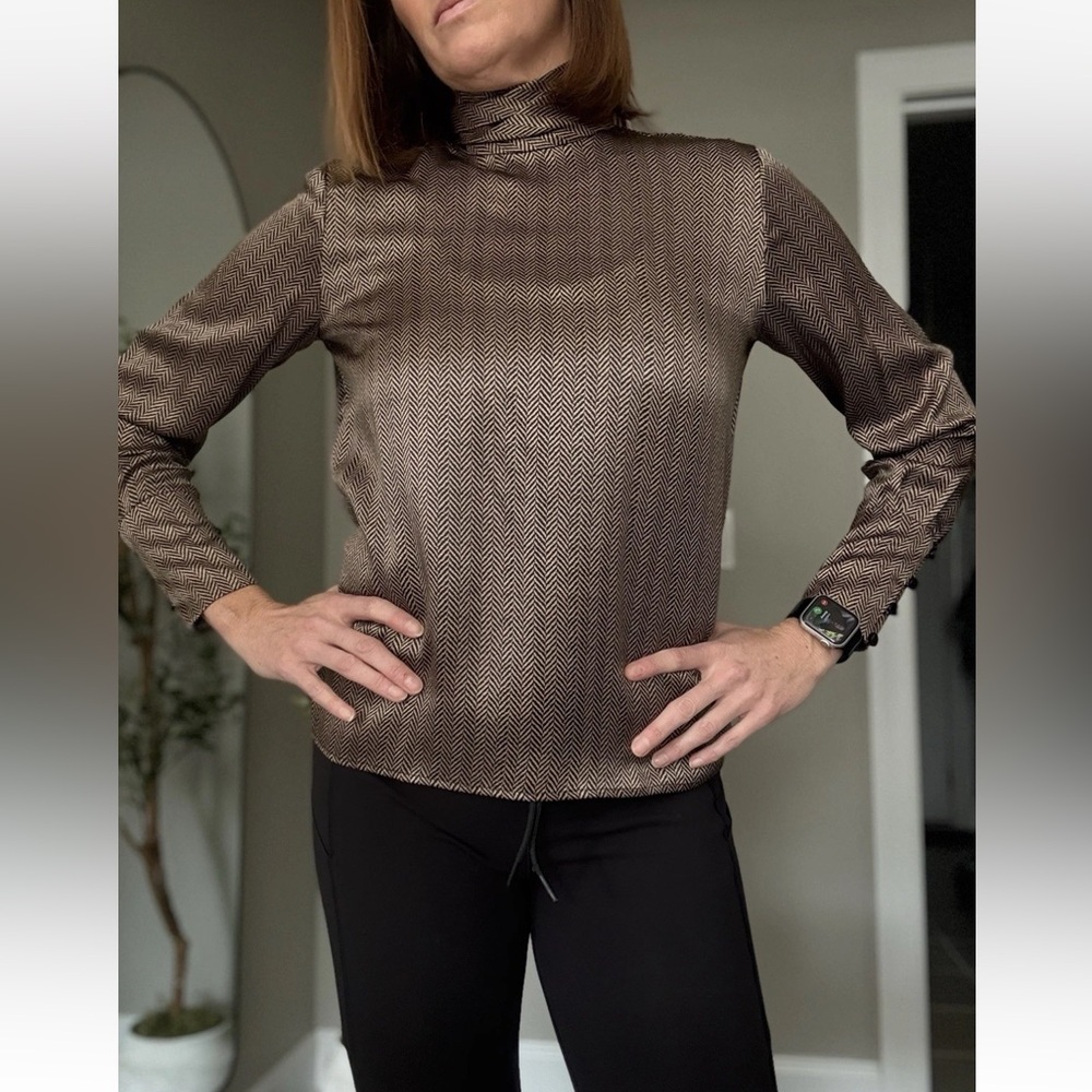 100% SILK Herringbone High Neck Women’s Blouse Size 4 Petite